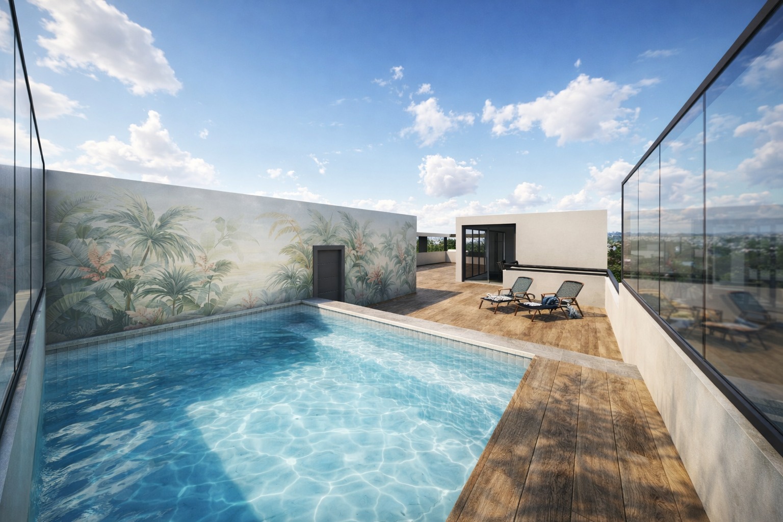 Piscina climatizada con mural tropical