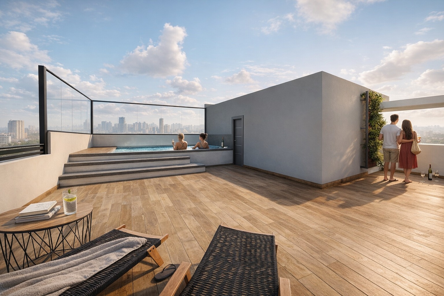 Piscina en azotea con vista a la ciudad